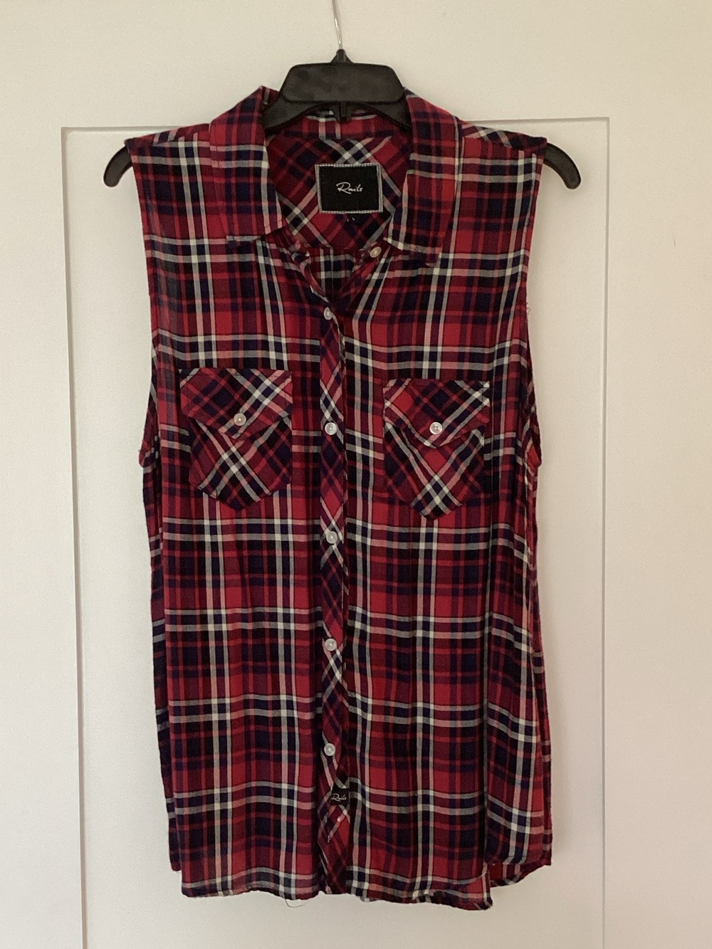 Rails Red and Black Plaid Sleeveless Button-Down Shirt